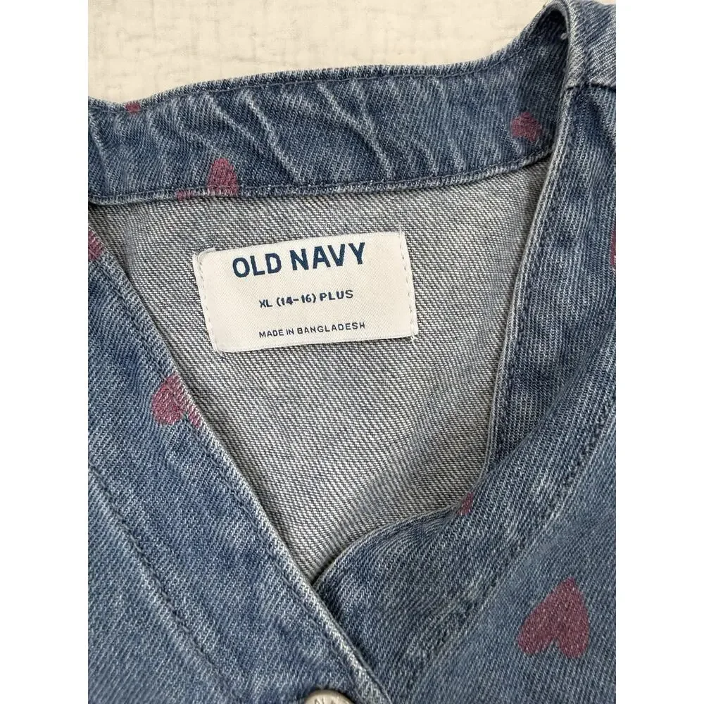 Old Navy Girls Denim A-Line Dress XL (14-16) Plus Heart Button Front V-Neck